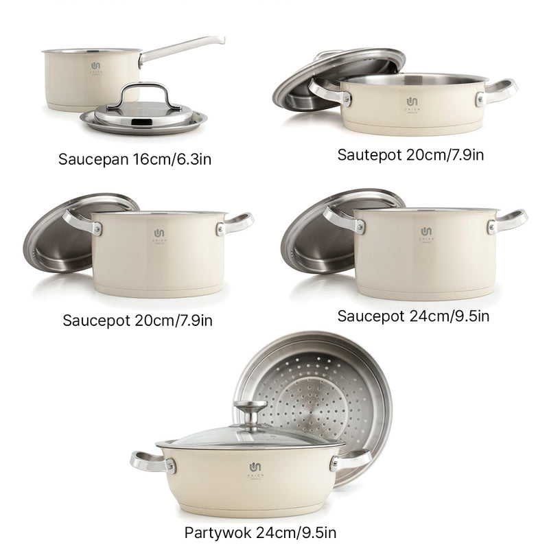 With Molly Crobel Union energy saveing  5- Ply  Ceramic Stainless Steel Pot set 5P with Lid cream