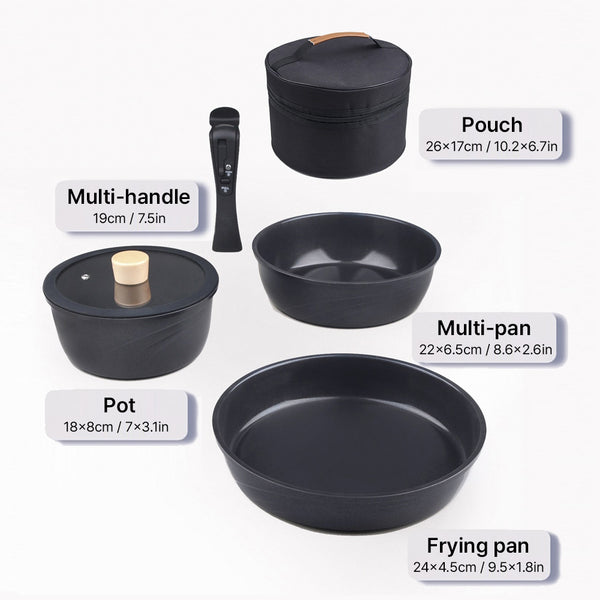Dito Camping Cookware set 7inch Pot+ 8.6inch Multi-Pan + 9.5inch Frying pan +Multi-handle + Pouch black