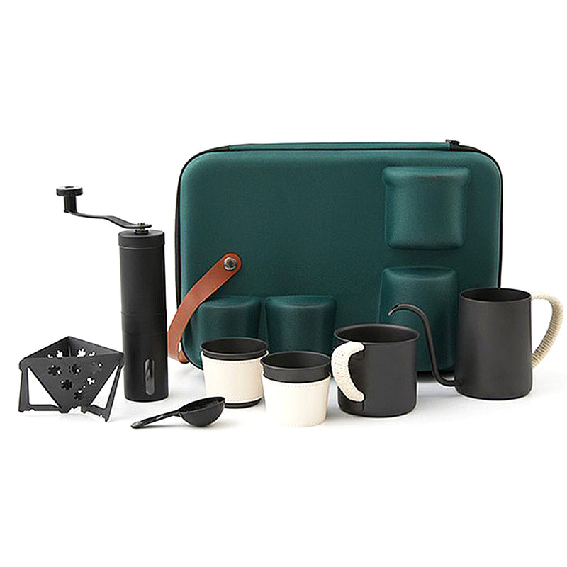Portable Camping Outdoor Portable Coffee Hand Drip SET(9P)- coffee dripper+coffee grinder+drip kettle+coffee cup+ storage bag