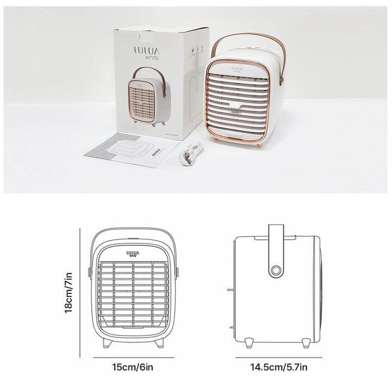 With Molly windy Portable Cooler Used in Camping, Outdoor, Office, Various Spaces, USB Charging, White 6(W)x5.7(D)x7(H)in