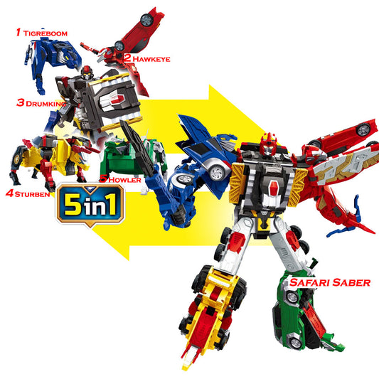 With Molly Hello Carbot Safari Saber 5 animal robots transform into one robot Tiger Boom Hawk High Drum King Stubborn Howler 23.6(W)x16.5(H)x4.7(D)inch