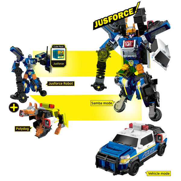 With Molly Hello Carbot JUSTFORCE Police car and police dog combine to transform into a robot Interactive transformation 10.2(W)x15(H)x5.1(D)inch
