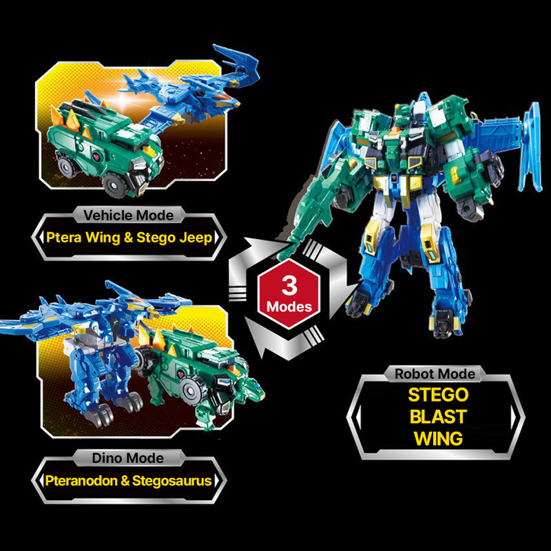 With Molly Dinoster Deluxe Robot Stego Blast Wing 3 transformations vehicle mode, dinosaur mode, and robot mode  15.2(W)x16.6(H)x5.5(D)inch