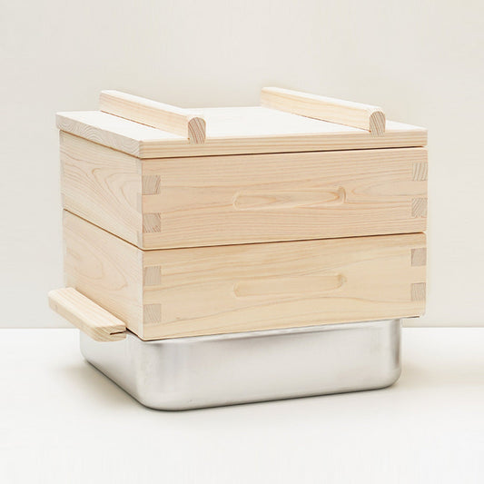 Square edge Square 11.8 Inch Handmade  cypress tree Steamer Two Tier with stainless steel pot  11.8in