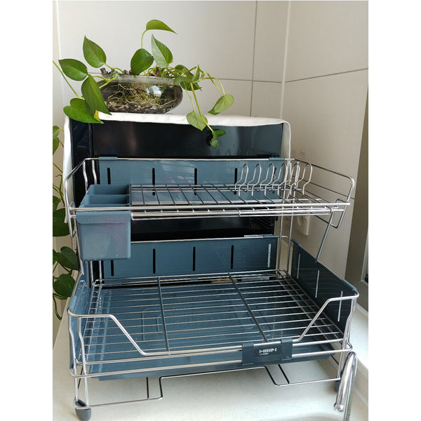 With Molly Hanssem luxury gloss Drying Rack 2-tier dish drying rack, water tray, utensil holder DK Gray 20(W)x13.5(D)x16(H)inch