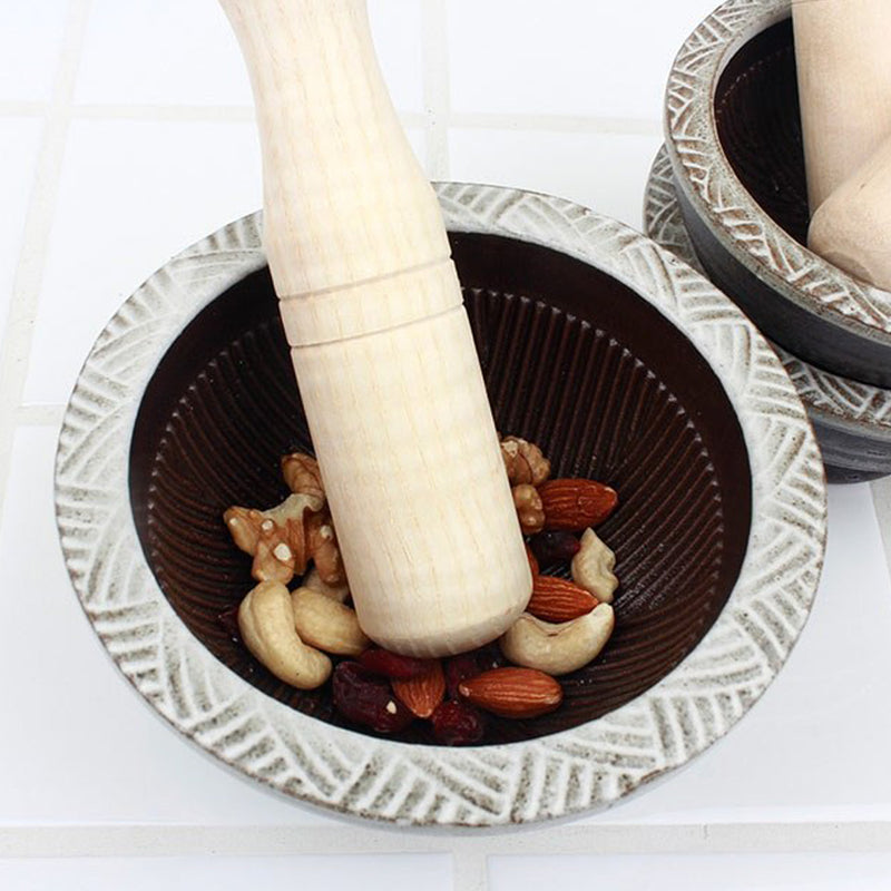 With Molly Porcelain mortar and wood pestle  brown 4.1 x 2.1 inch