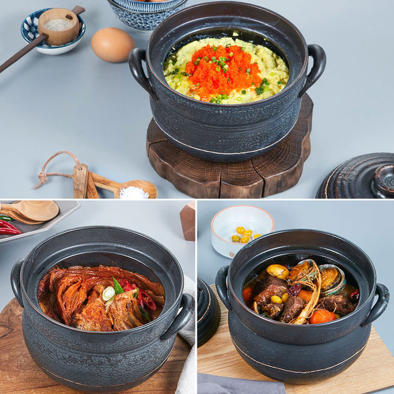 Yeoju traditional Korean Stone Pot  with Lid  Clay Pot for Cooking Hot Pot variety of dishes Cookware black 8.7x7x4.5 inches