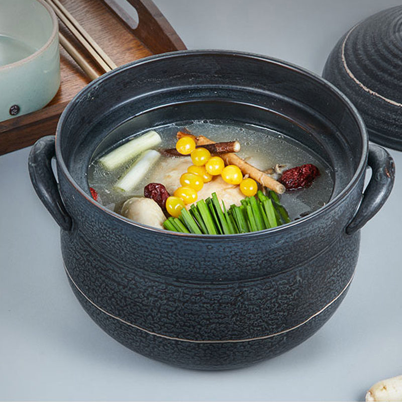 Yeoju traditional Korean Stone Pot  with Lid  Clay Pot for Cooking Hot Pot variety of dishes Cookware black 8.7x7x4.5 inches