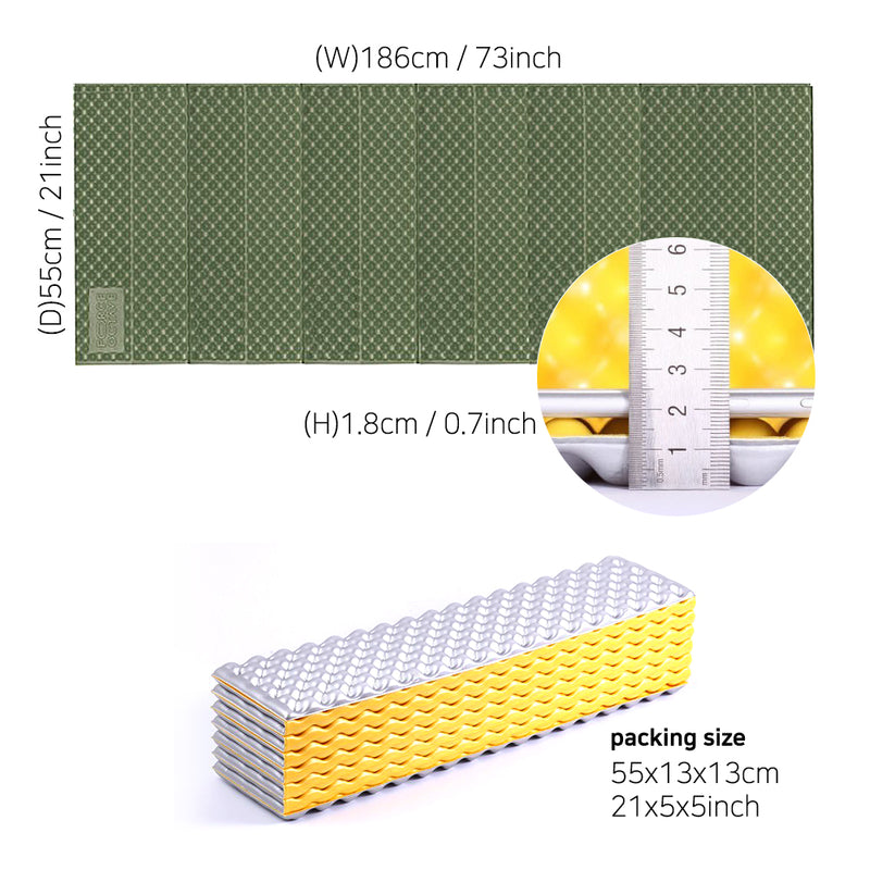With Molly multipurpose foldable aluminum foam mat  Light and space-saving 14-layer mat 2P Storage size 21.7" x 5.1"x 5.9" yellow