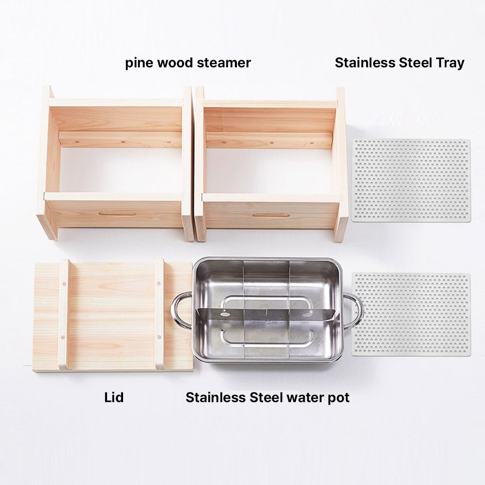 Handmade Cypress steamer using raw wood, 2-stage cypress steamers with stainless steel water pot 12(W)x11(D)x9.9(H)inch