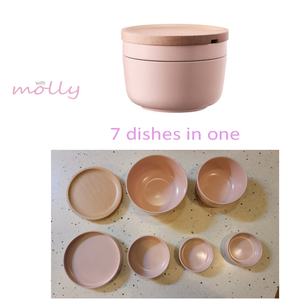 1 person set of neat tableware,  7 bowls into one Pink