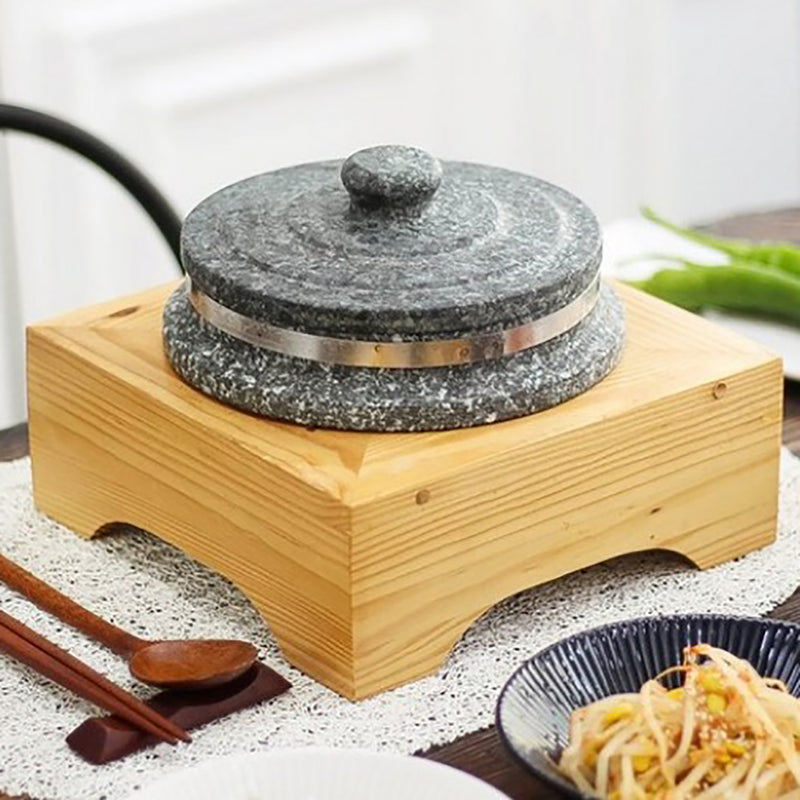 Korea Style Non-stic Traditional Stone Rice Cooker with wood stand Cauldron Multi Cooker-Bibimbab  Nurungji for 1–2 people 6.2×3.3 inch
