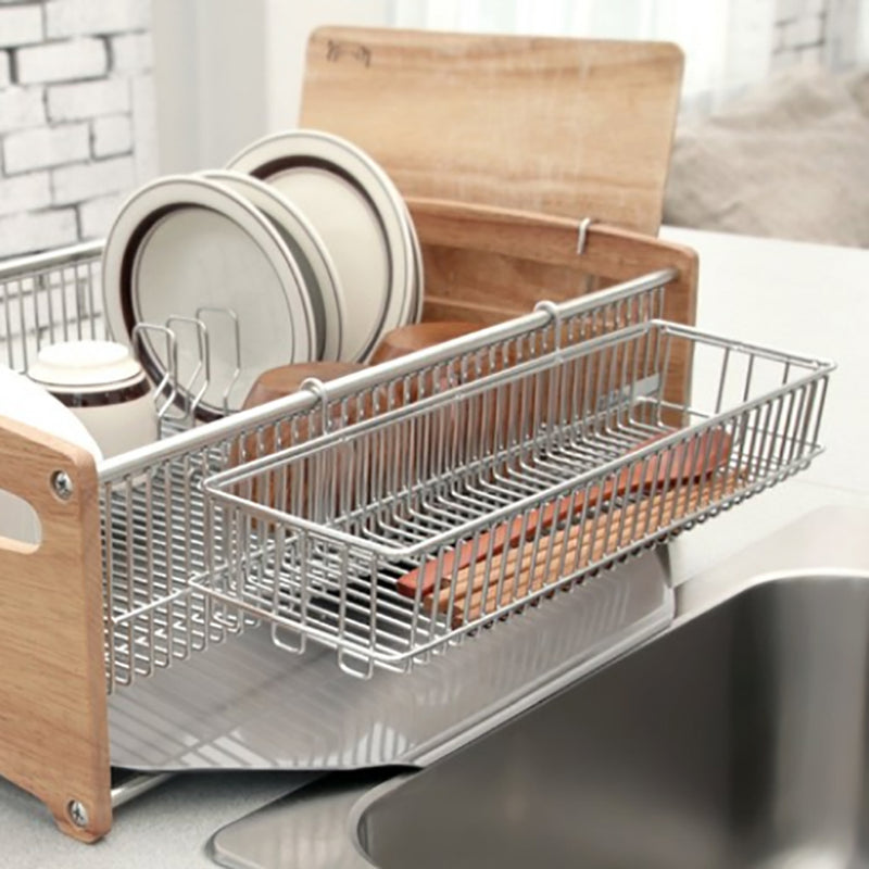 Baum Stainless Steel  side bamboo Dish Dry Rack Drying Drainer Kitchen Holder Organizer 17.9 x 12.5 x 6.4 in