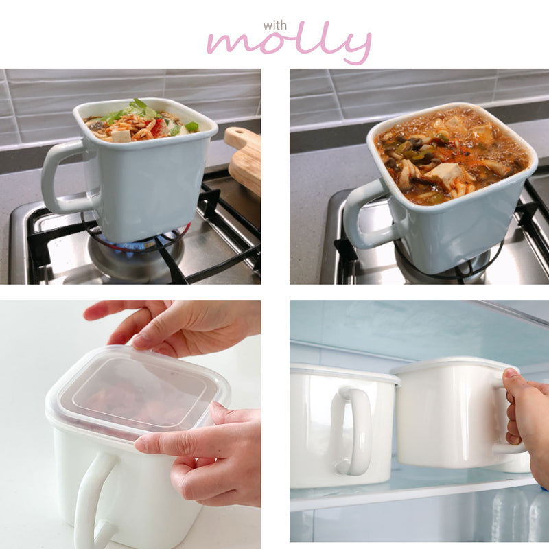 2PCS Square  enamel pan Storage with handle & lid  containers and cookware 2 in 1- 1.45 L, 7x5.5x4.5x5.5inch